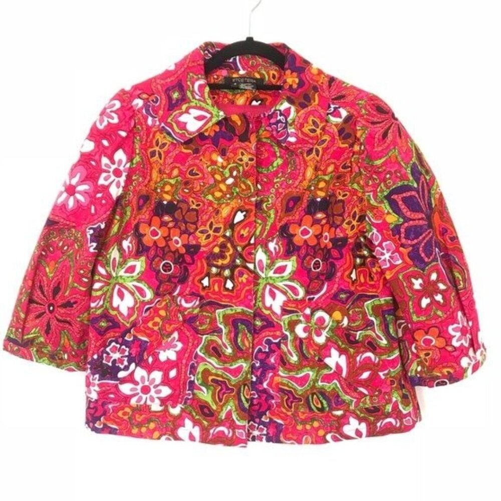 Etcetera Size 8 Multicolor Paisley Floral Swing Blazer Jacket 3/4 Sleeve Cotton